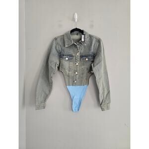 Prettylittlethings Denim Jacket Bodysuit Top 4 NWT